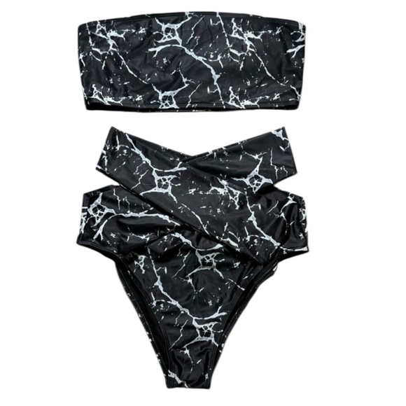 Shein Women's Bathing Suit 2 Piece Bikini Black White Marble Print Tube Top 2xl - Picture 1 of 5